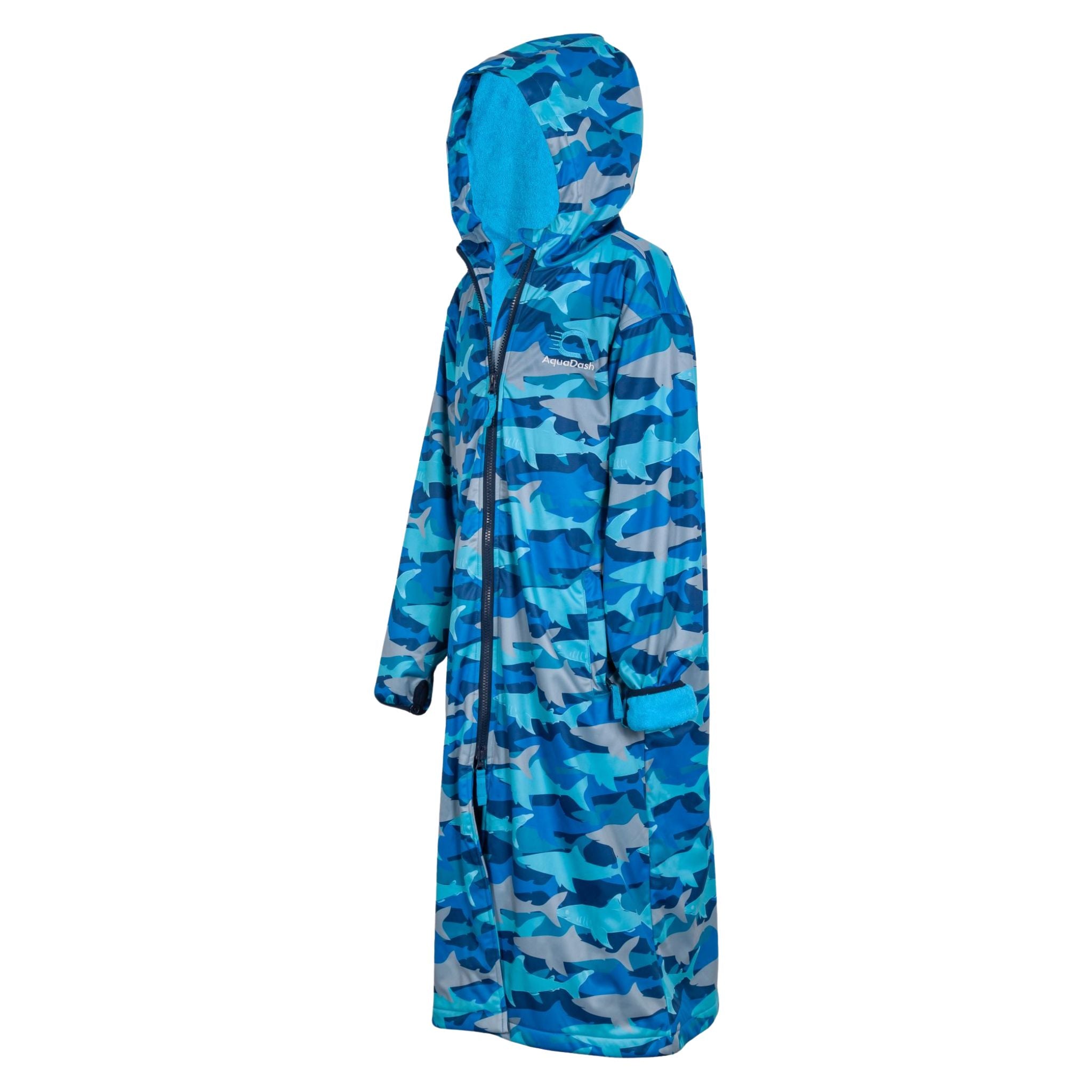 childrens swim parka with sharks pattern in blue