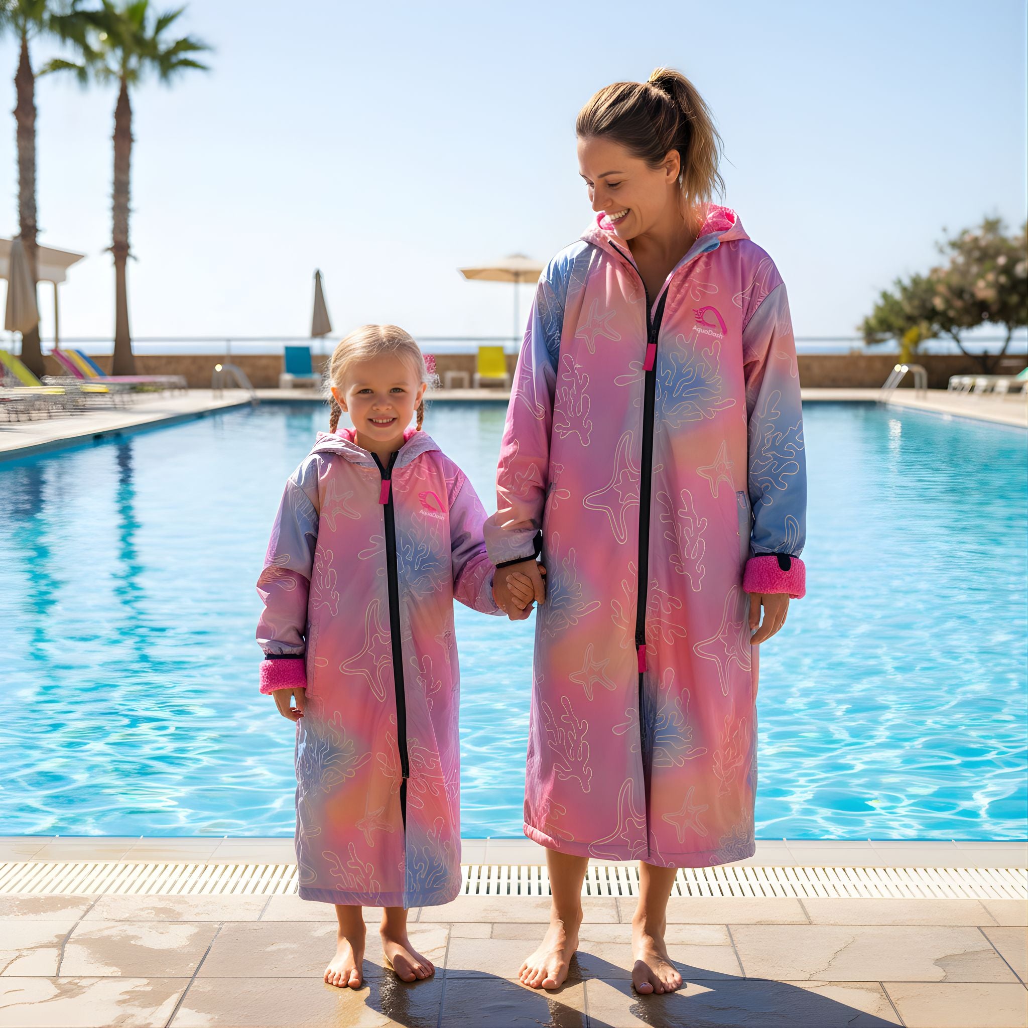matching swim parkas in pink for mum and daughter