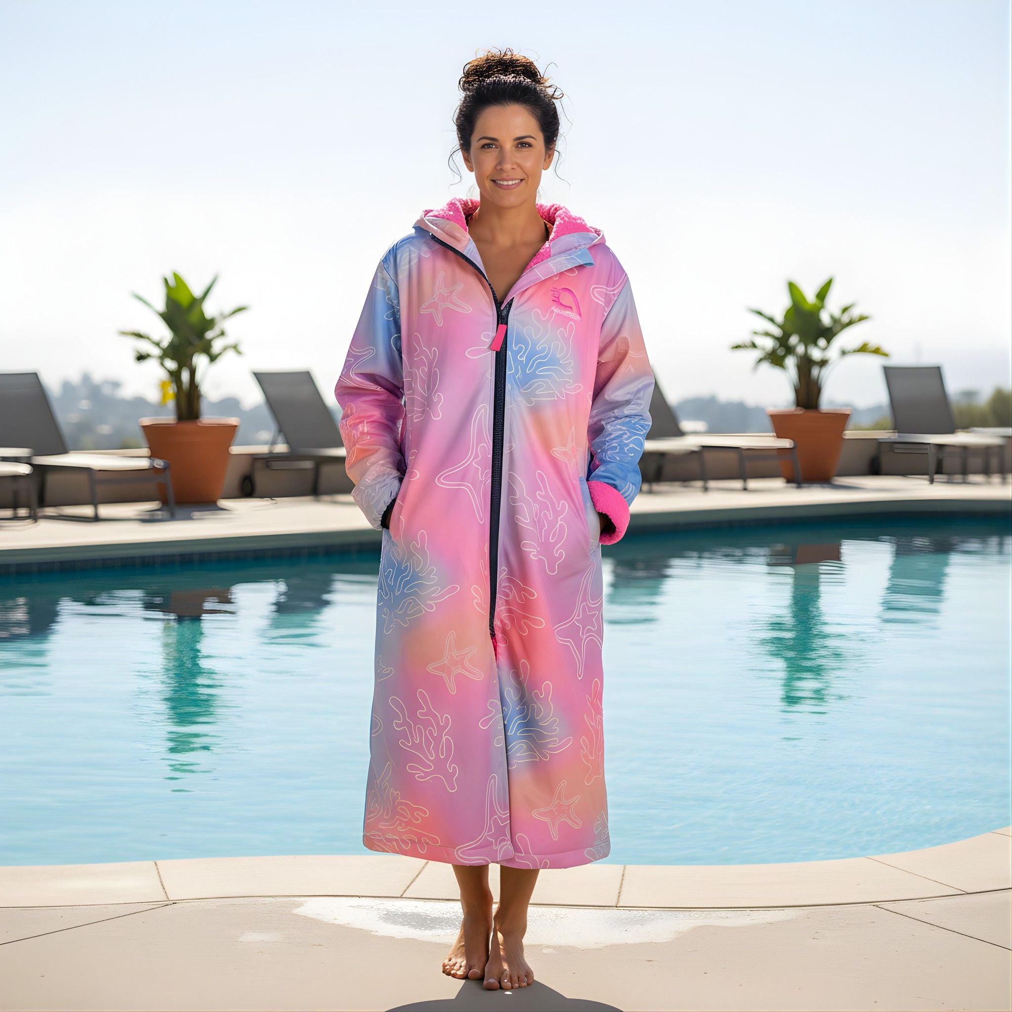 Ladies swim parka in pastel coral pink