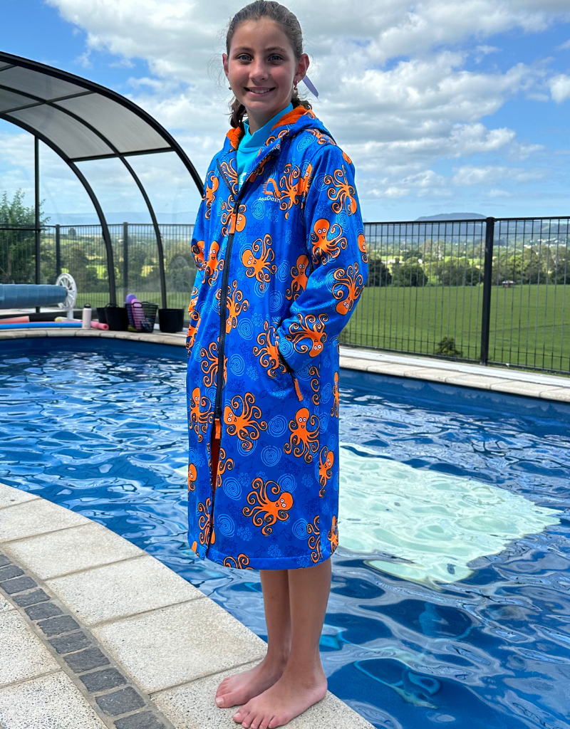 orange patterned swim parka