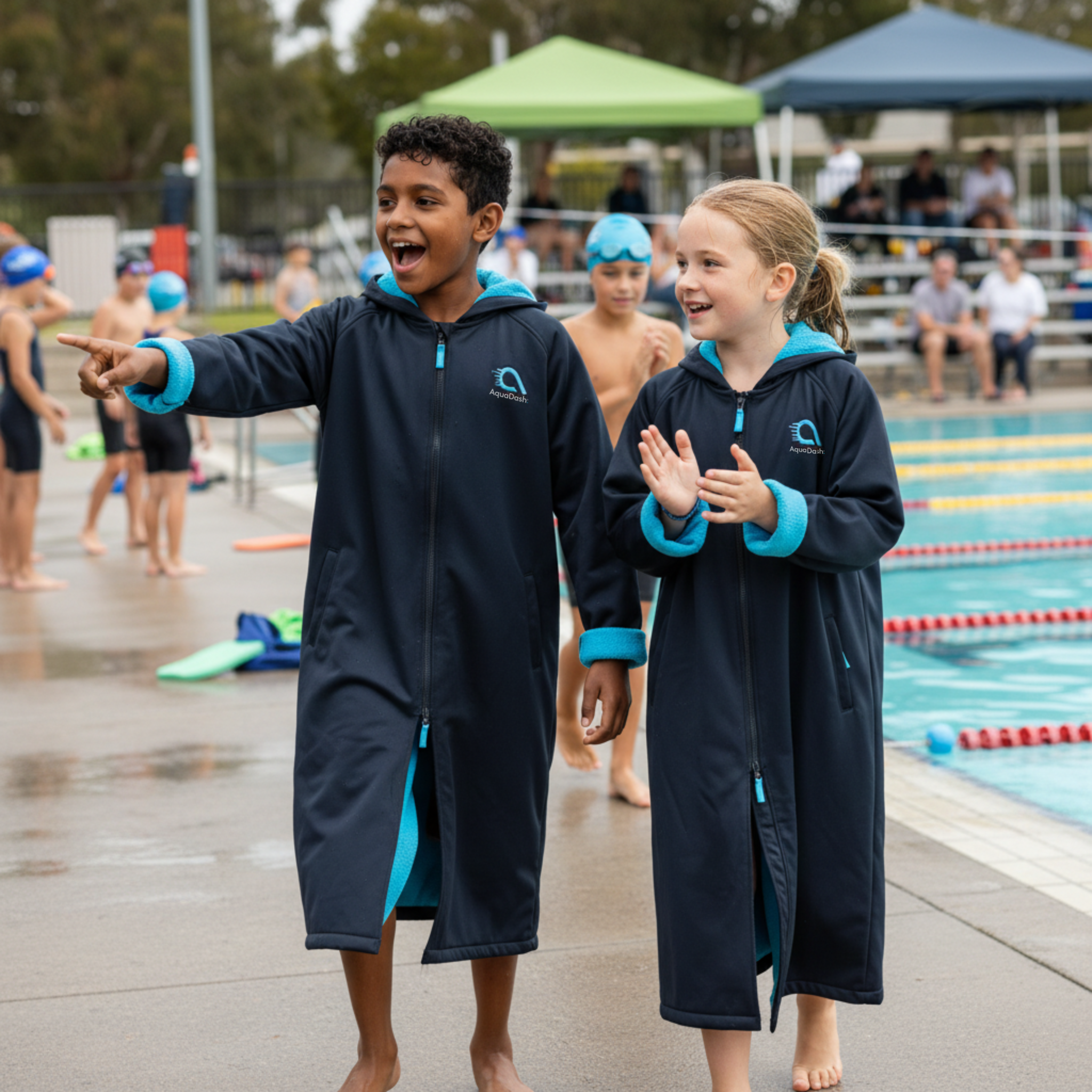 Swim Parkas at a swim carnival in navy blue for both boys and girls
