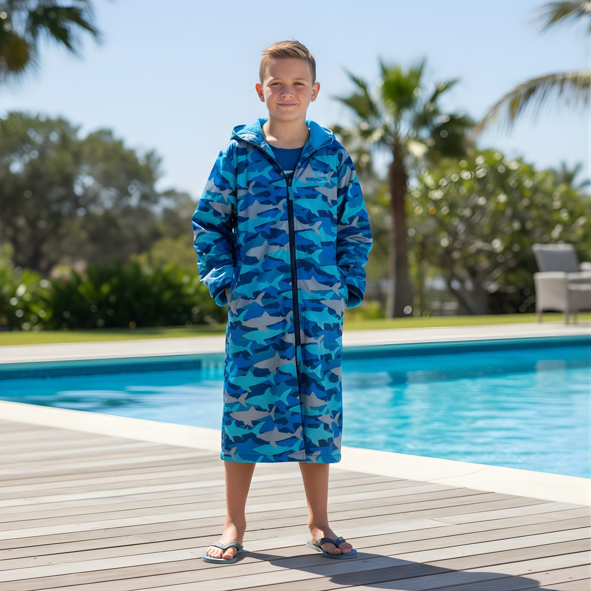 Child wearing a blue camouflage robe by a poolside