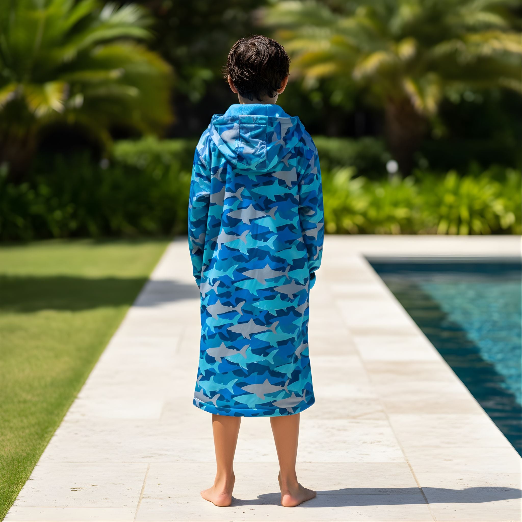 favorite swim parka with sharks pattern that looks like camouflage