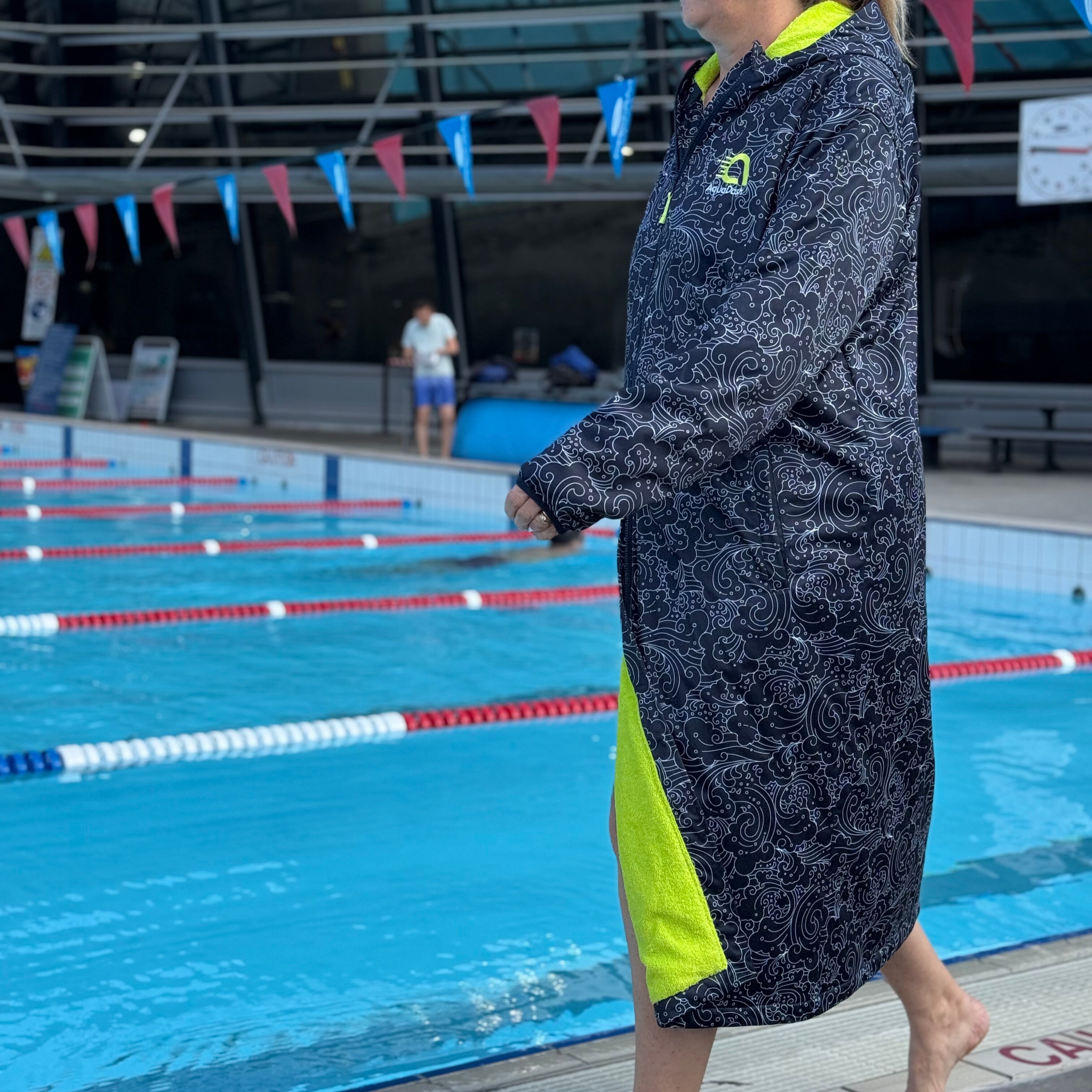 patterned swim parka with lime green lining