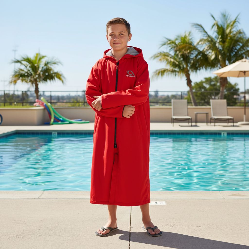 Childs red swim parka keeps car seats dry