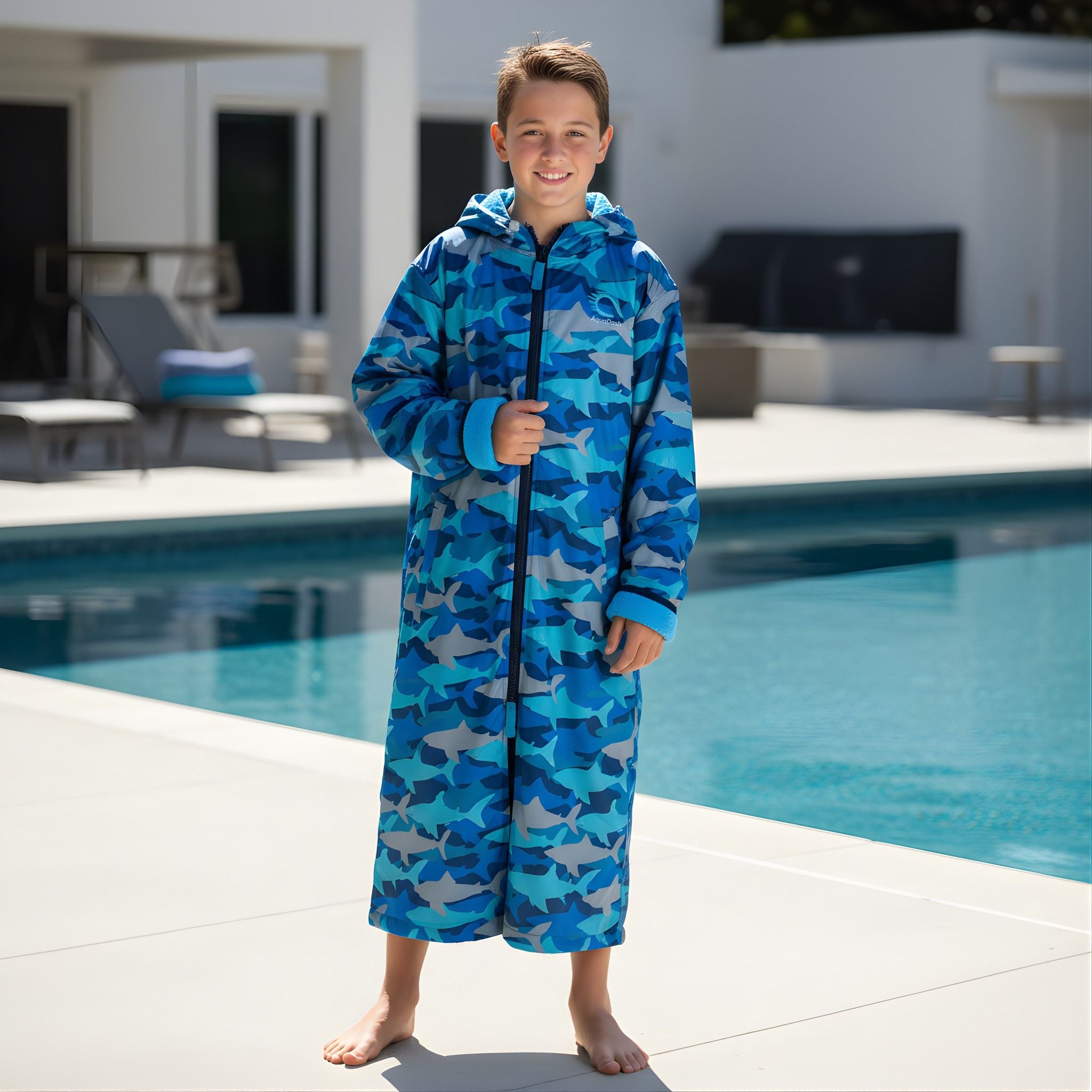 Child wearing a sharks swim parka