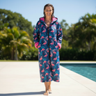 ladies swim parka with pink cotton lining and flamingo print
