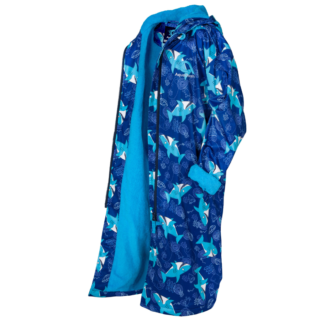 blue patterned swim parka