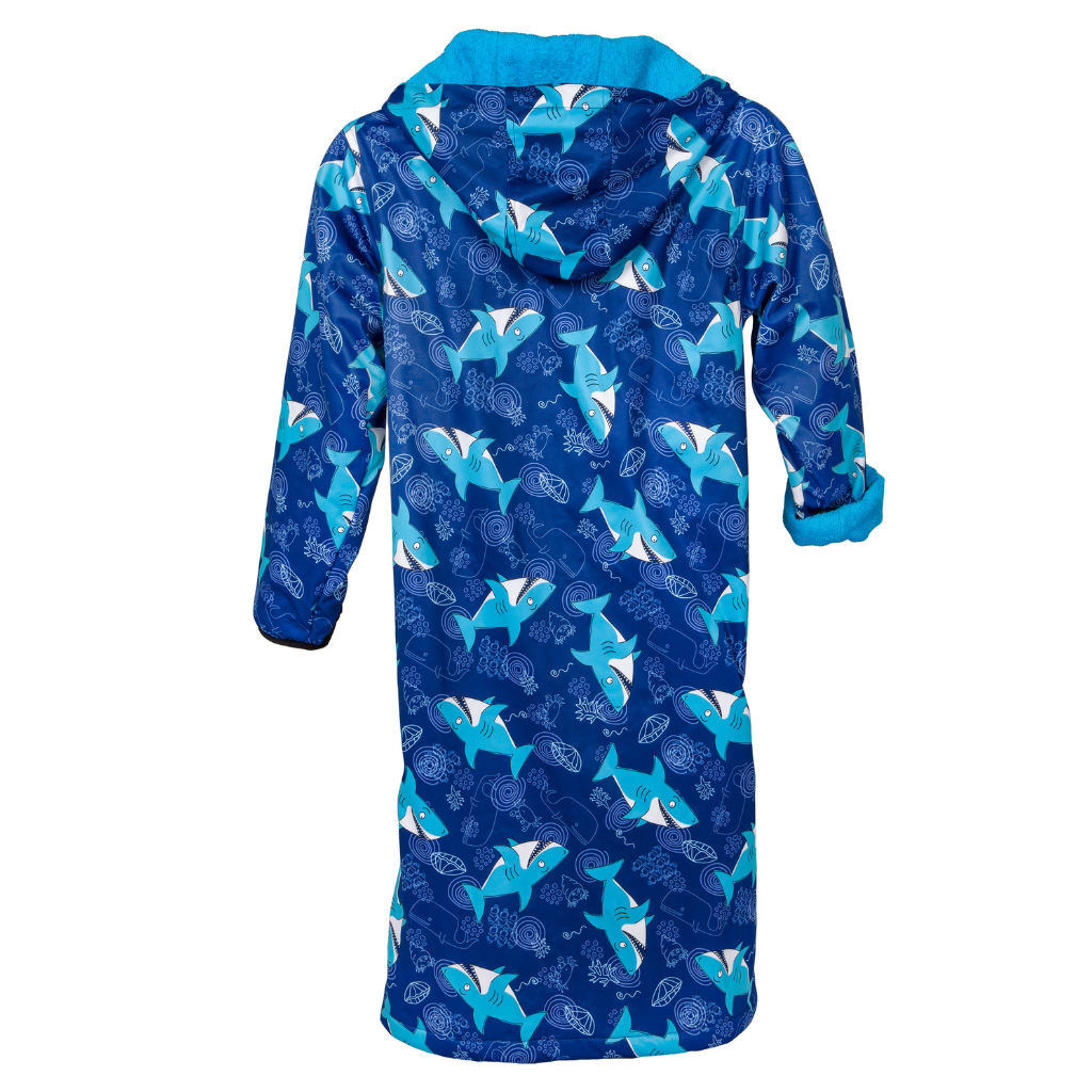 blue swim parka with sharks