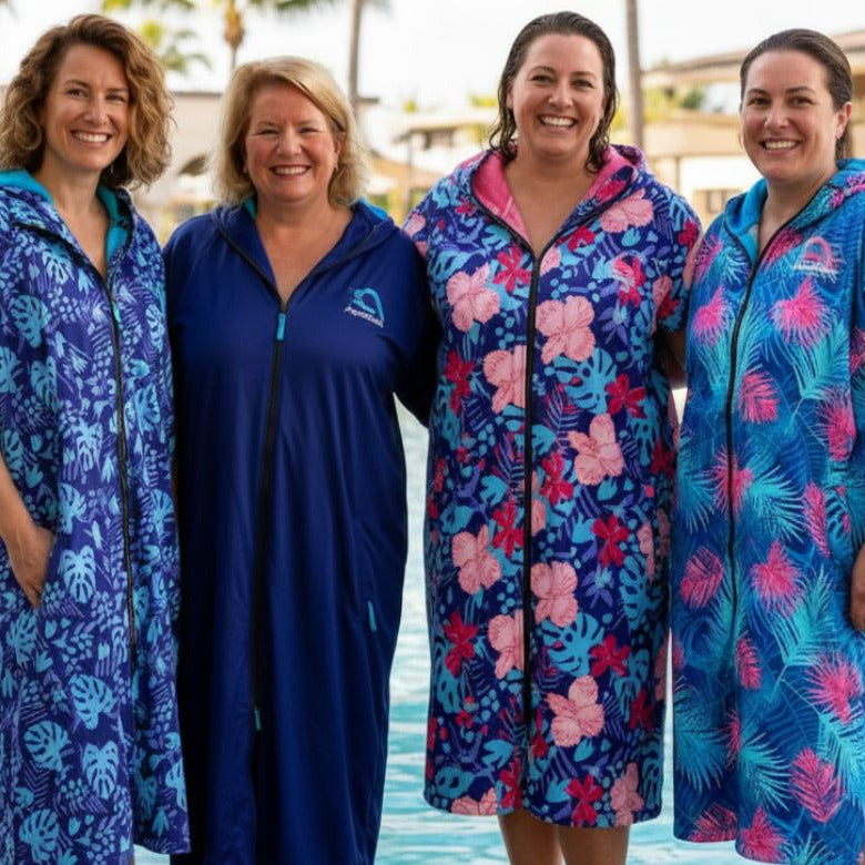 women after aqua aerobics in their swim parkas
