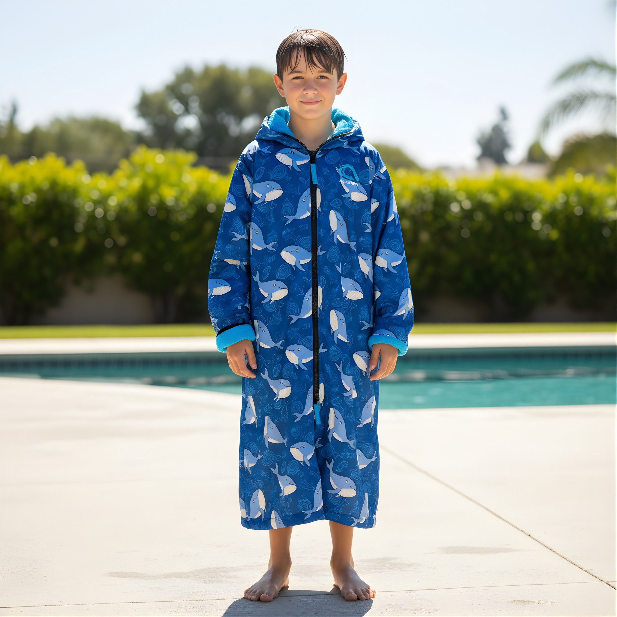boys swim parka with whales in blue cotton
